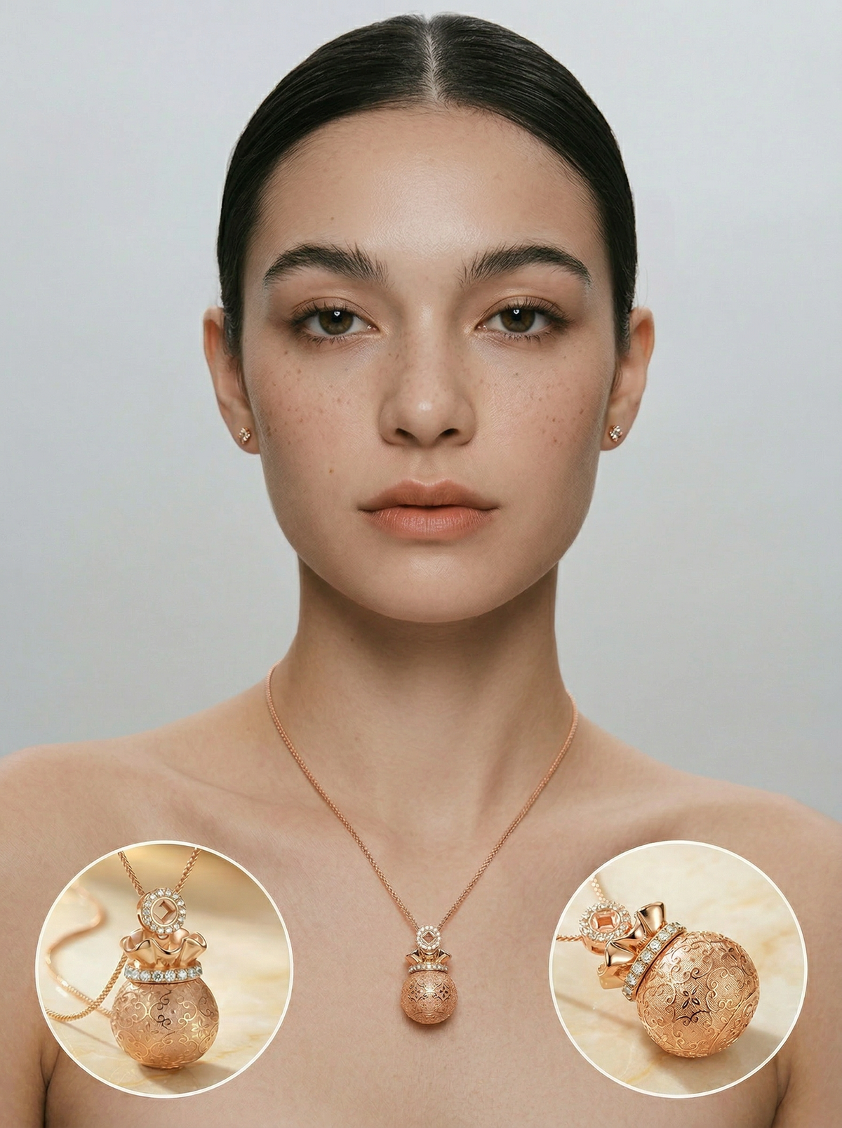 Collier avec pendentif en filigrane sac d'argent de la fortune en or rose avec accents de cristal