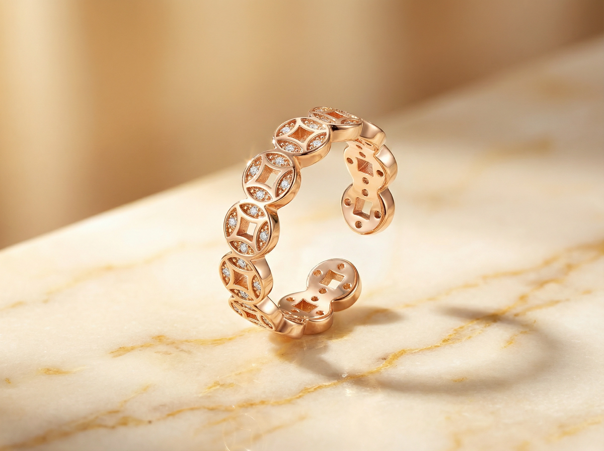 Bague ouverte Rose Gold Wealth Coin avec accents de cristal