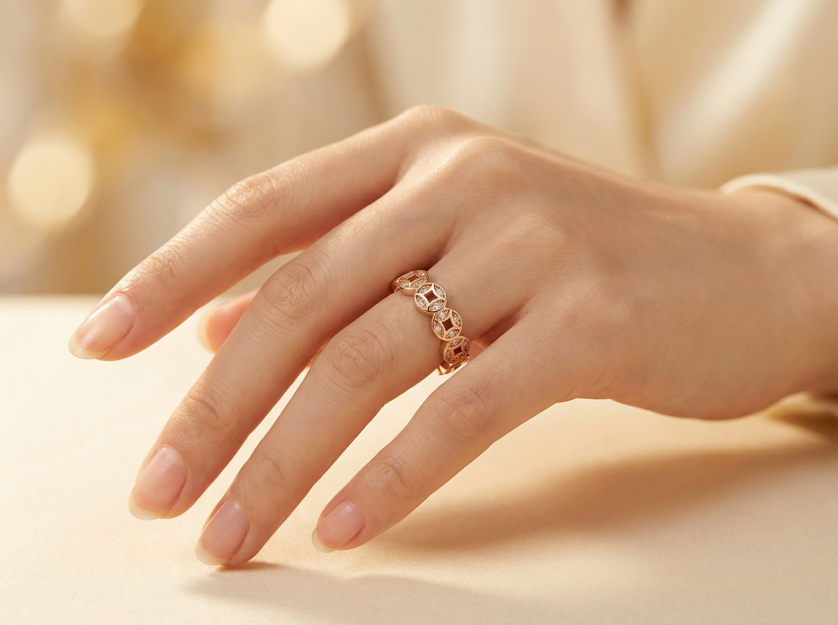 Bague ouverte Rose Gold Wealth Coin avec accents de cristal