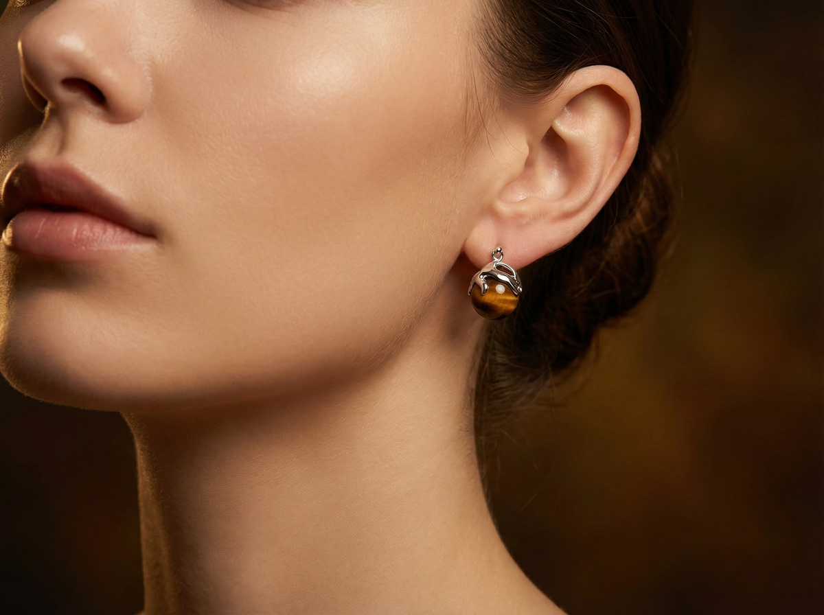 Boucles d'oreilles pendantes griffe œil de tigre argenté