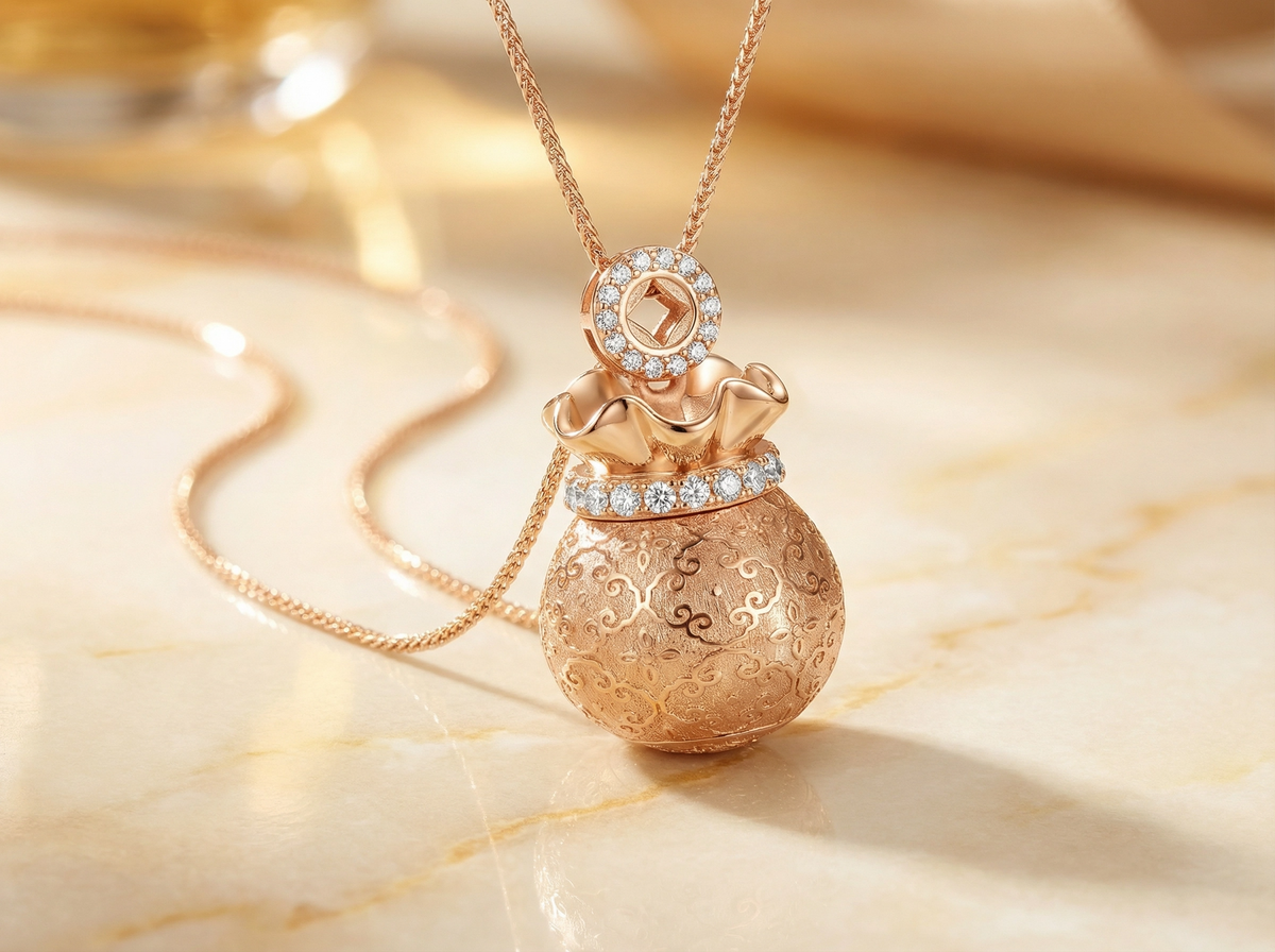 Collier avec pendentif en filigrane sac d'argent de la fortune en or rose avec accents de cristal