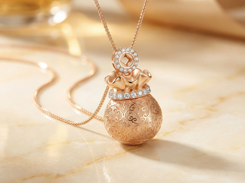Collier avec pendentif en filigrane sac d'argent de la fortune en or rose avec accents de cristal