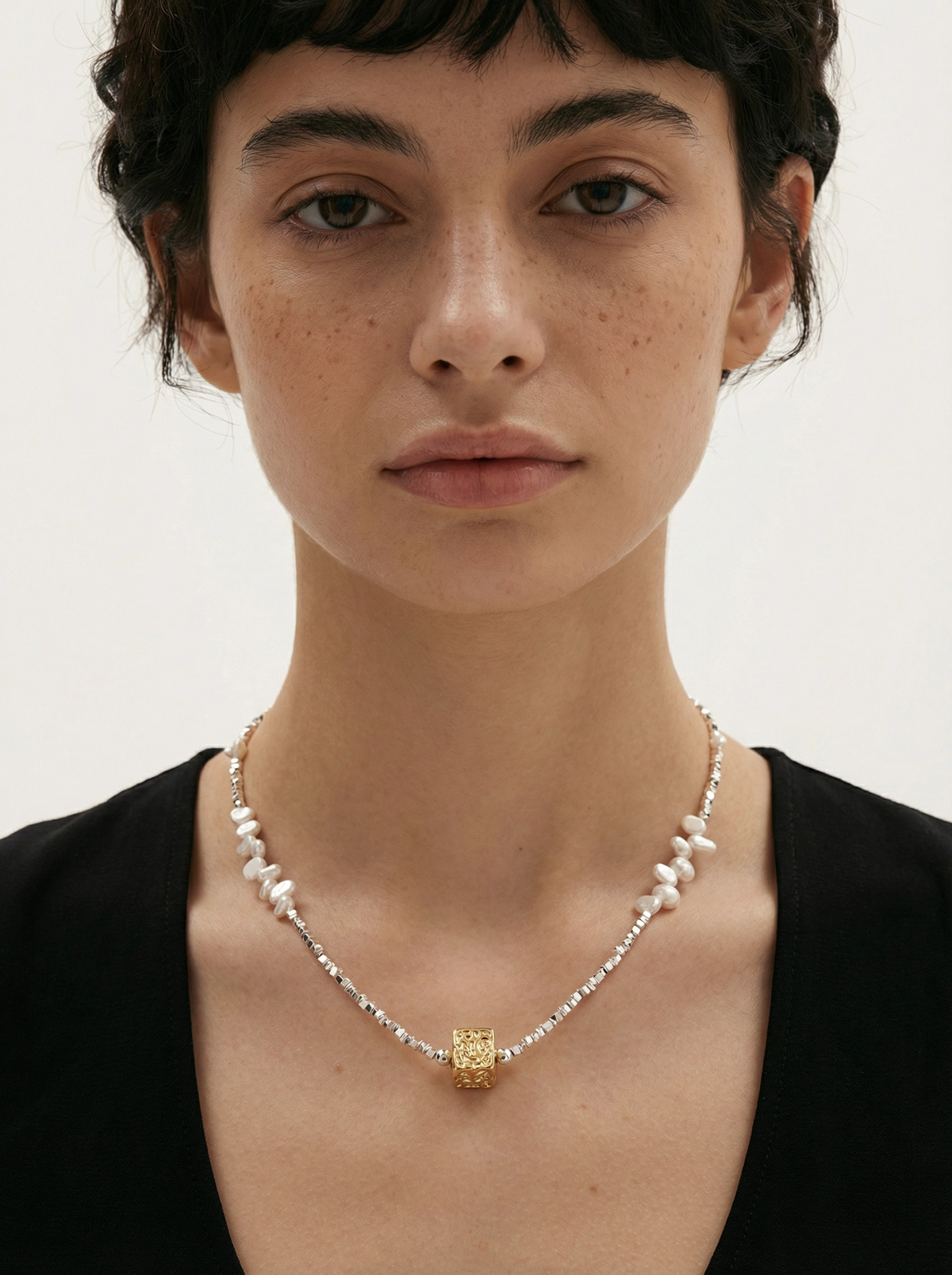 Fusion Gold Cube Pearl & Silver Bead Necklace