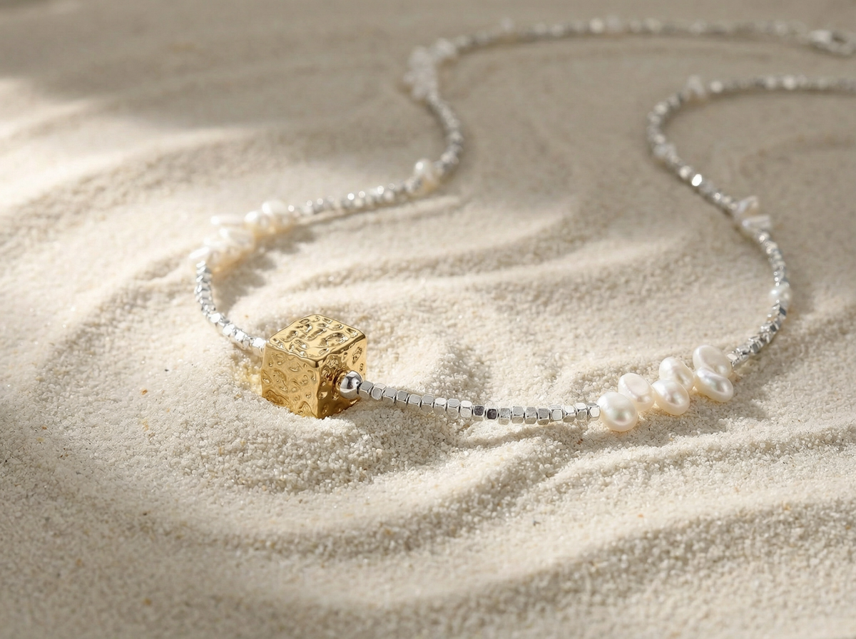 Fusion Gold Cube Pearl & Silver Bead Necklace