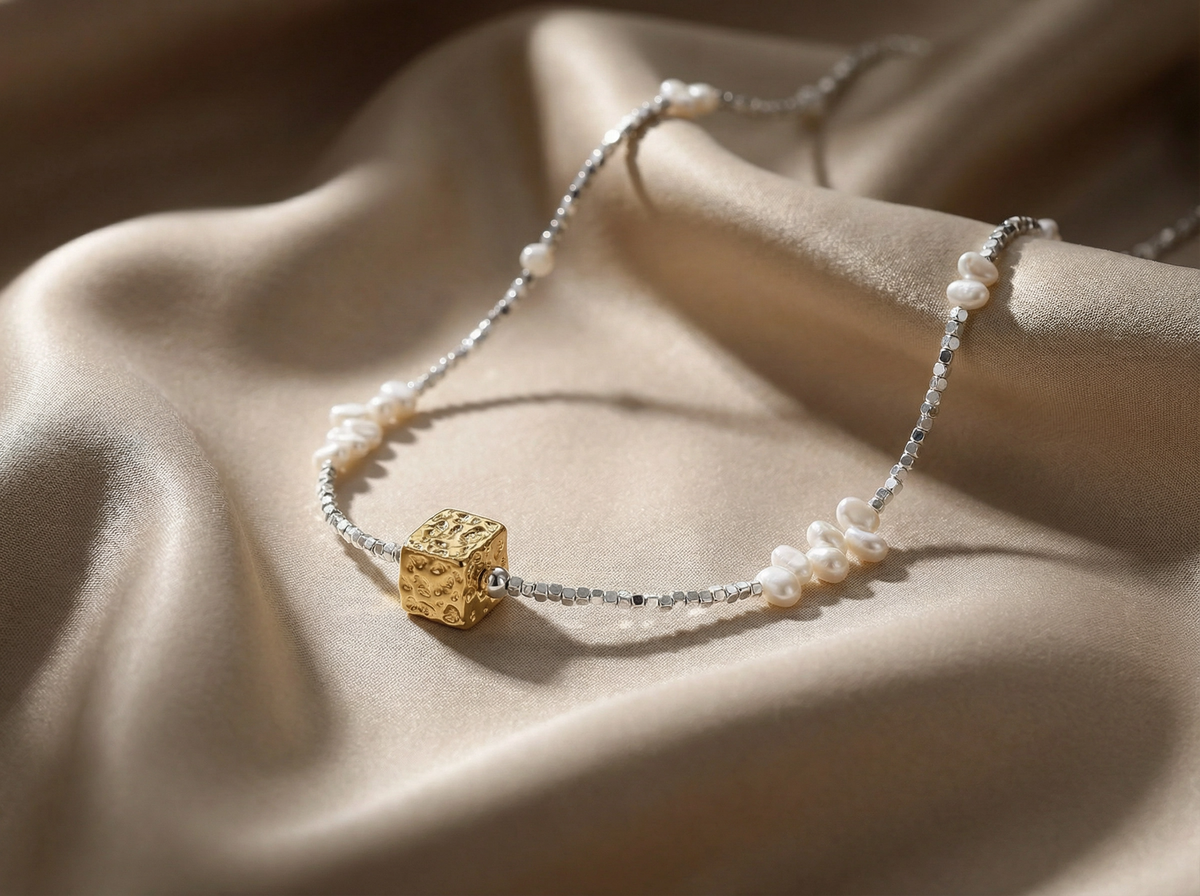 Fusion Gold Cube Pearl & Silver Bead Necklace