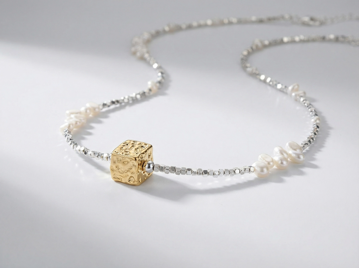 Fusion Gold Cube Pearl & Silver Bead Necklace