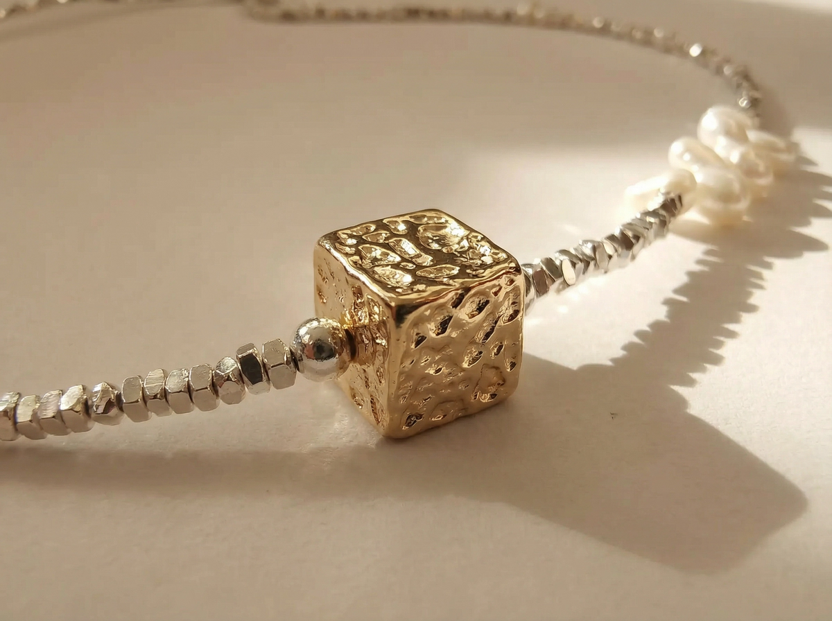 Fusion Gold Cube Pearl & Silver Bead Necklace