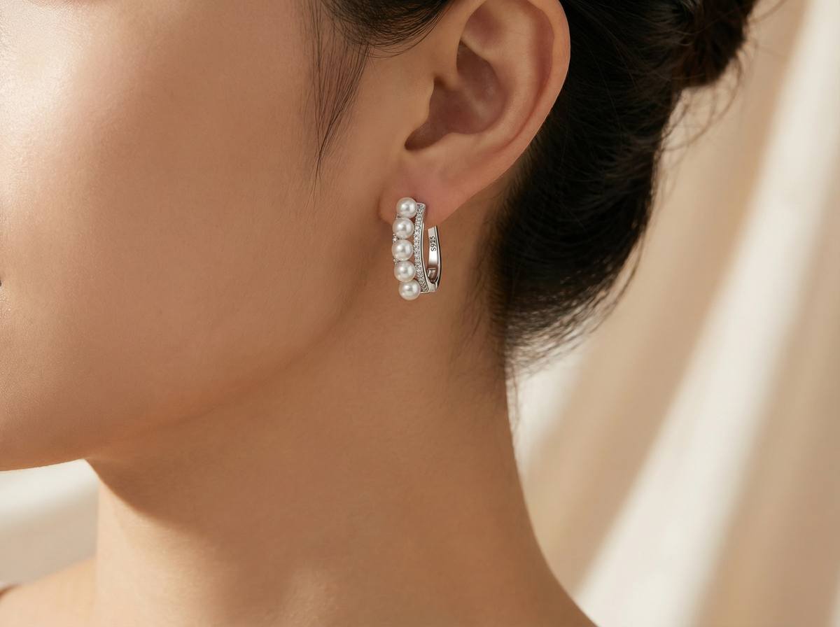 Perlage Pearl & Pave C-Hoop Earrings