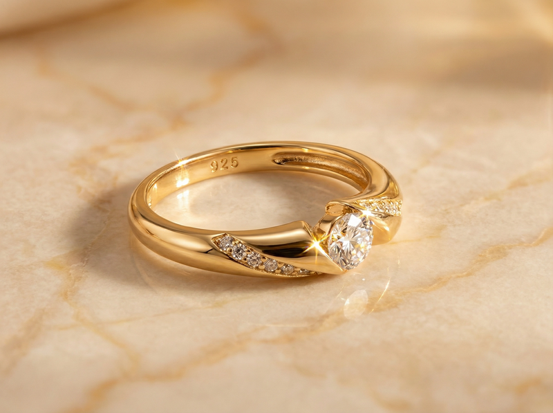 Bague Solitaire CZ à Tige Torsadée Or avec Pierres Latérales