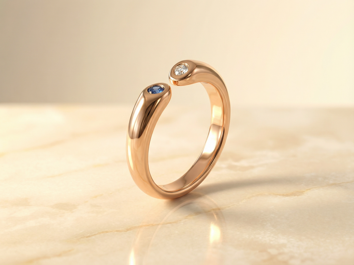 Bague jonc ouverte Toi et Moi en or rose avec saphir et accents en cristal