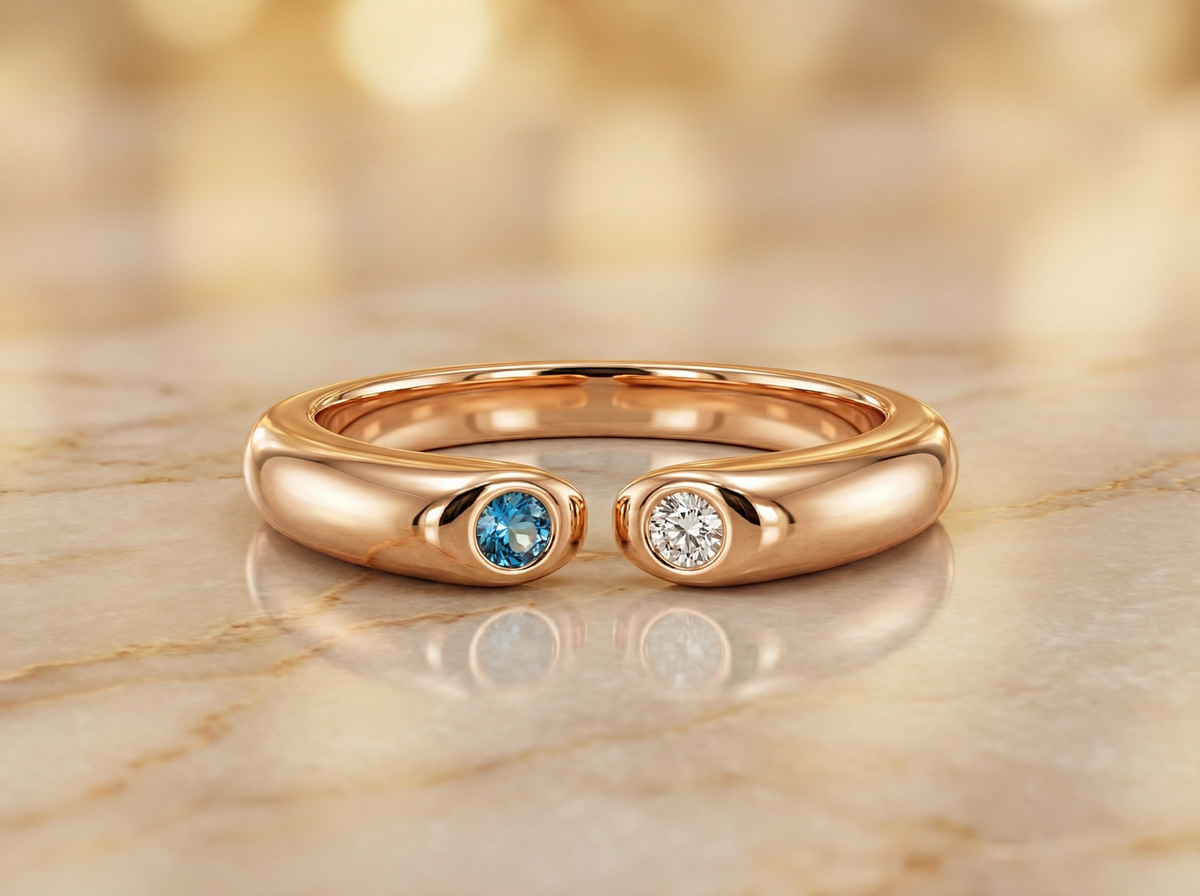 Bague jonc ouverte Toi et Moi en or rose avec saphir et accents en cristal