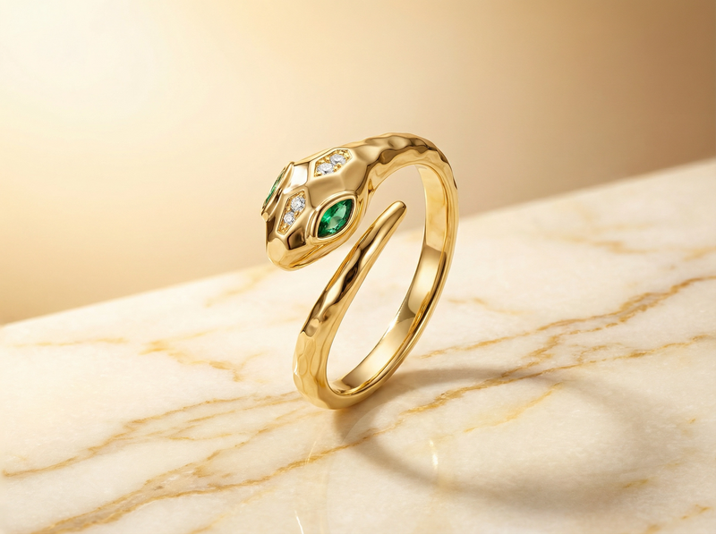 Bague ajustable Serpent aux yeux émeraude