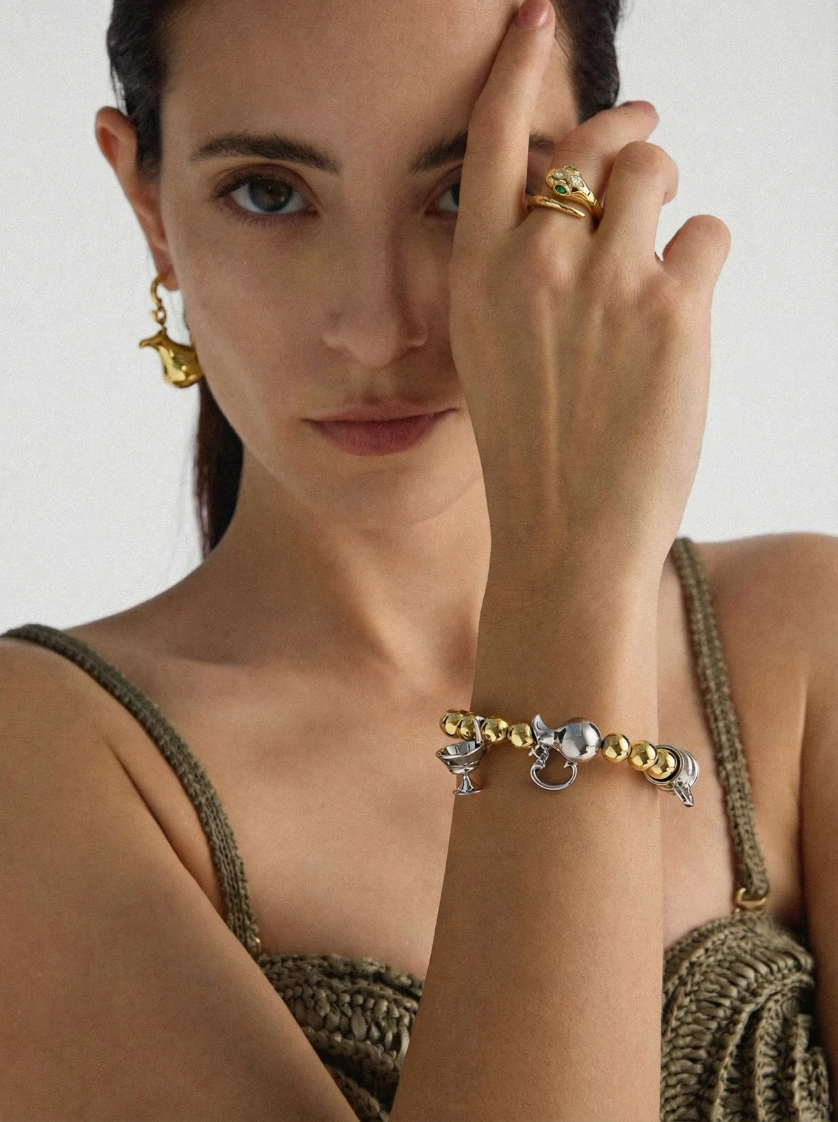 Bague ajustable Serpent aux yeux émeraude